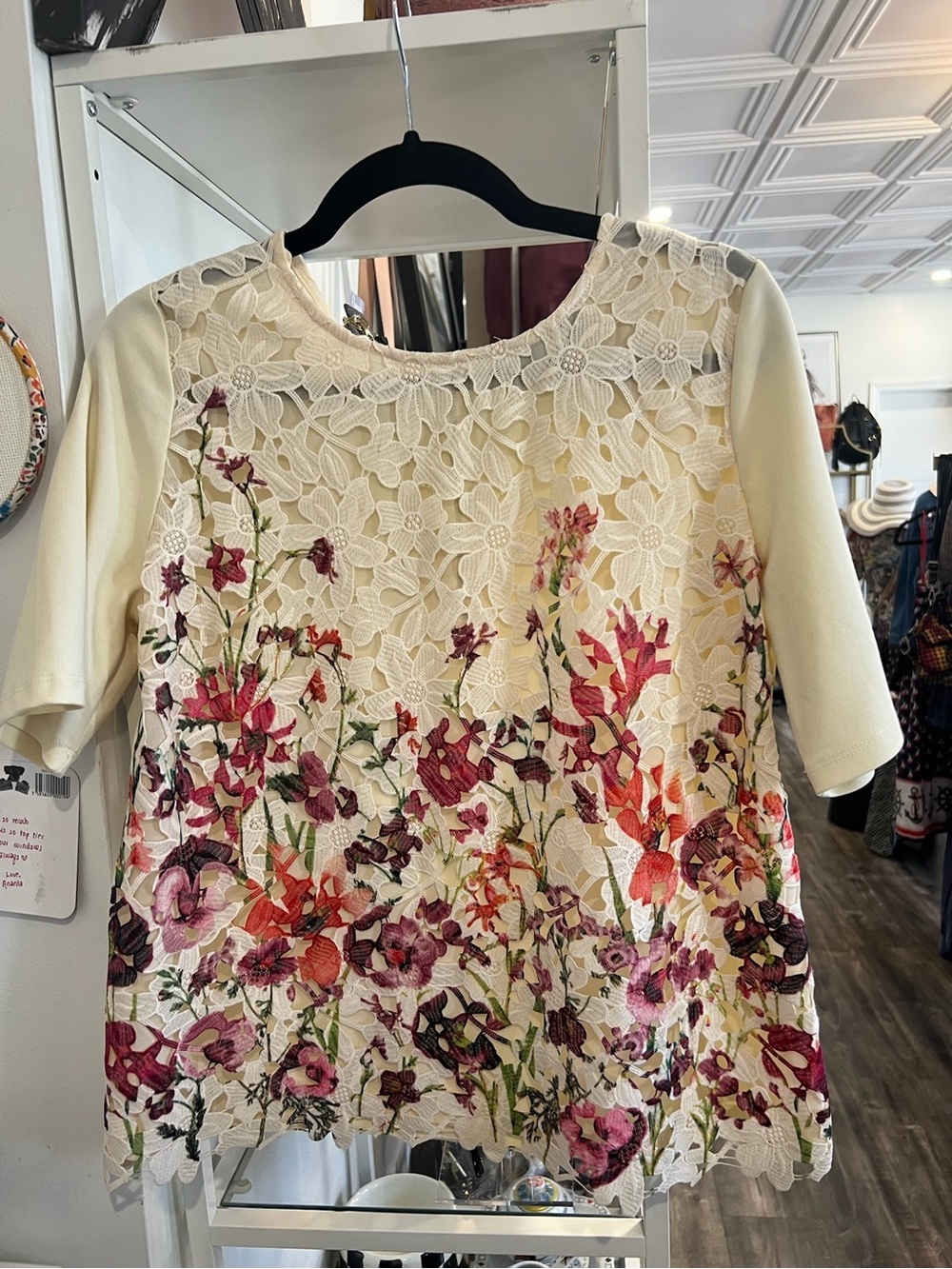 Sunday in Brooklyn Cream Floral Lace Overlay Top with Pink & Green Accents